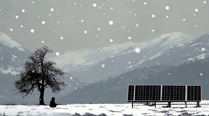 stunning snow-covered solar farm in mountain valley: a scenic poster for sustainable energy enthusiasts and sports interiors, showcasing innovative design and cold climate production