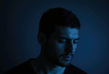 A young man with a thoughtful expression, illuminated by blue light, conveying introspection and contemplation.