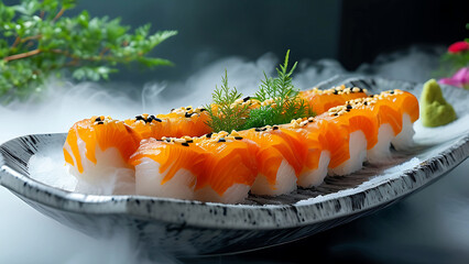 Delicious salmon sushi on ice