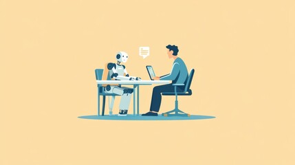 Collaboration between human and robot at a workspace desk during a project discussion with ample copy space. Generative AI