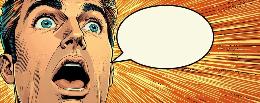 Surprised man with comic book style speech bubble in vibrant colors