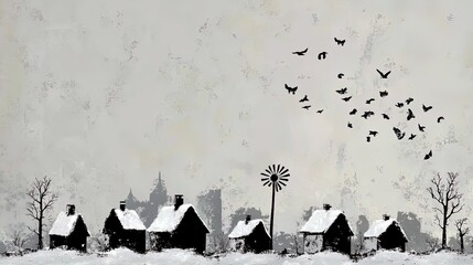 winter harmony: a picturesque eco-village amidst snowy landscapes - perfect poster for sports interiors and sustainable living inspiration