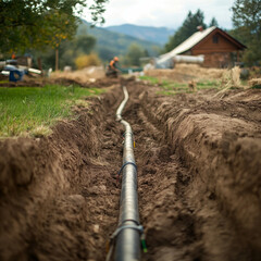 Trench Installation: A close-up view of a black pipe laid in a freshly dug trench, showcasing the meticulous process of underground infrastructure construction.