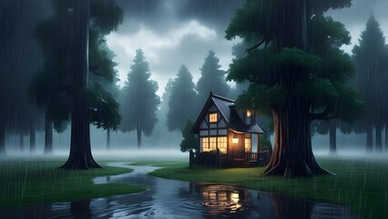 Fototapeta premium Anime-style Rainy Day Forest: A moody, rainy day scene featuring a forest with tall trees, mist hanging in the air, and a small cottage tucked among the trees. 
