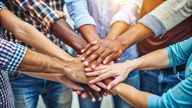 Stack of hands showing unity and teamwork
