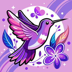 Purple Hummingbird Vector Illustration - Floral Design, Elegant Style.