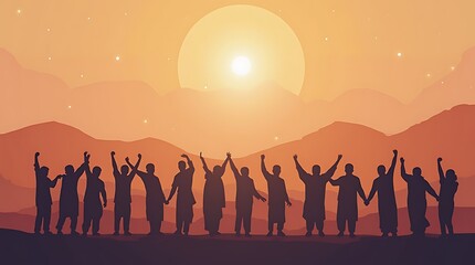 Fototapeta premium Silhouette Figures Celebrate Sunset: A Serene Landscape Illustration