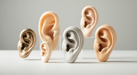 Various prosthetic ears displayed on stands in neutral tones