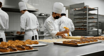 Chefs in commercial kitchen preparing pastries with precision