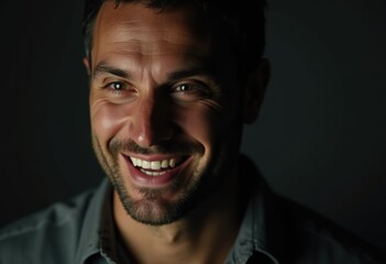 Fototapeta premium A man with a joyful, genuine smile, illuminated against a dark background.