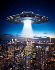 UFO Over the City at Night, Emitting a Mysterious Light, An enigmatic scene of a UFO hovering silently over a nighttime city, illuminating the urban landscape below with an eerie, unexplained glow. Th