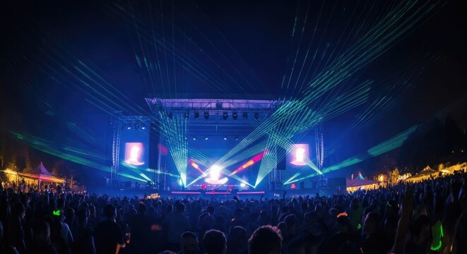 Night concert with crowd and colorful laser lights illuminating stage
