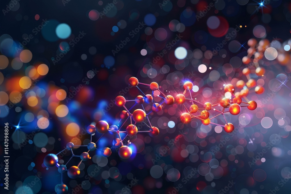 Poster 3d rendering of molecule structure glowing on dark blurred background with bokeh effect, concept for
