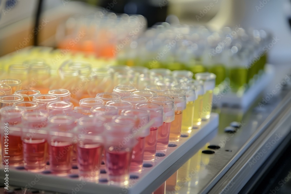 Poster close up of a rack of test tubes containing colorful liquid samples being analyzed by a scientist in