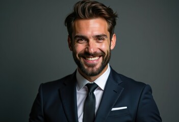 A happy, successful businessman in a dark suit smiles confidently.