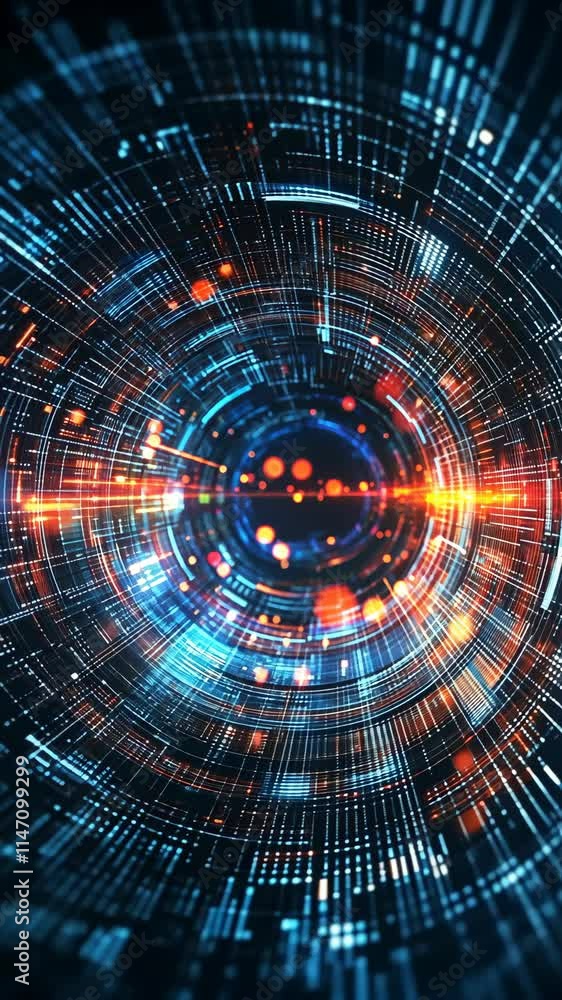 Poster vibrant circular digital abstract design depicting energy flow and light patterns in a futuristic se