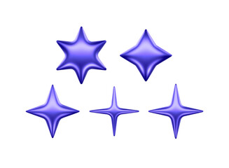 Obraz premium 3d Star Shapes Collection Blue Shiny Glossy Metallic Icons Realistic Vector Illustrations Isolated On Transparent Background