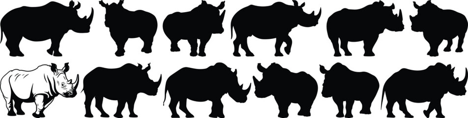 Rhino silhouettes set, rhinoceros pack of vector silhouette design, isolated background © FutureFFX