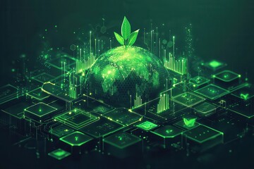 Futuristic digital map of the Earth with green technology elements
