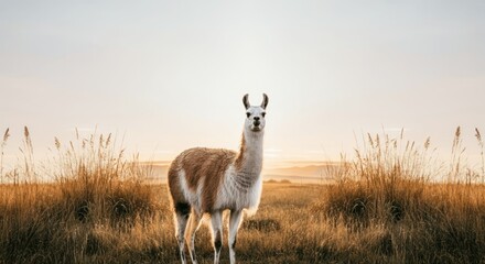 Obraz premium Llama standing in golden field during sunset