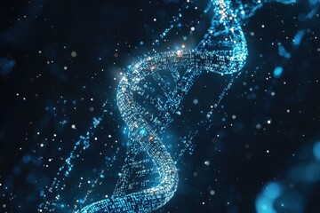 Digital DNA double helix glowing with binary code in abstract space
