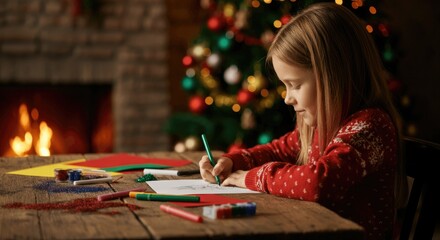 Fototapeta premium Young girl drawing at wooden table by Christmas tree and fireplace