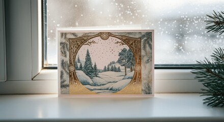 Elegant winter holiday card featuring snowy landscape by windowsill with intricate gold details