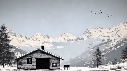 Fototapeta premium discover the solar-powered winter retreat: a modern minimalist escape in a snowy mountain valley - perfect poster for sustainable travel enthusiasts!