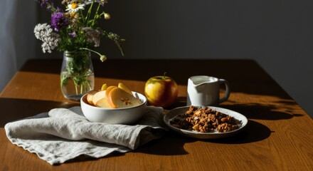 Breakfast with sliced apples, granola, milk, and wildflowers on wooden table