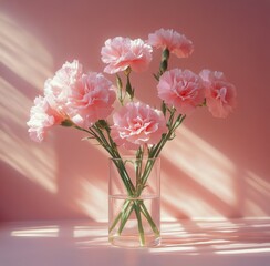 Obraz premium Soft pink carnations arranged in a clear vase with gentle sunlight casting shadows on a pastel background