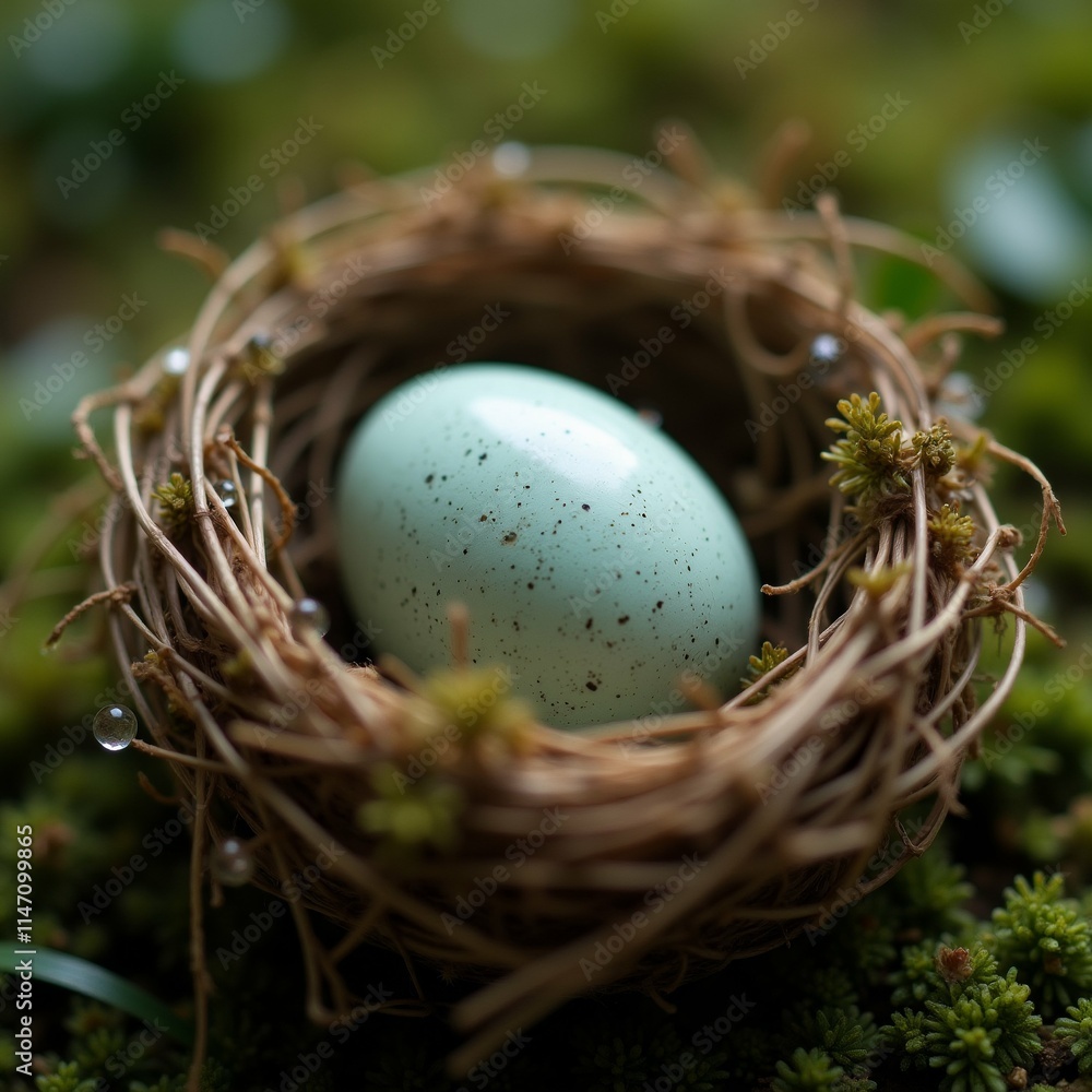 Poster the image is a close-up of a bird's nest with a single blue egg inside. the nest is made of twigs an