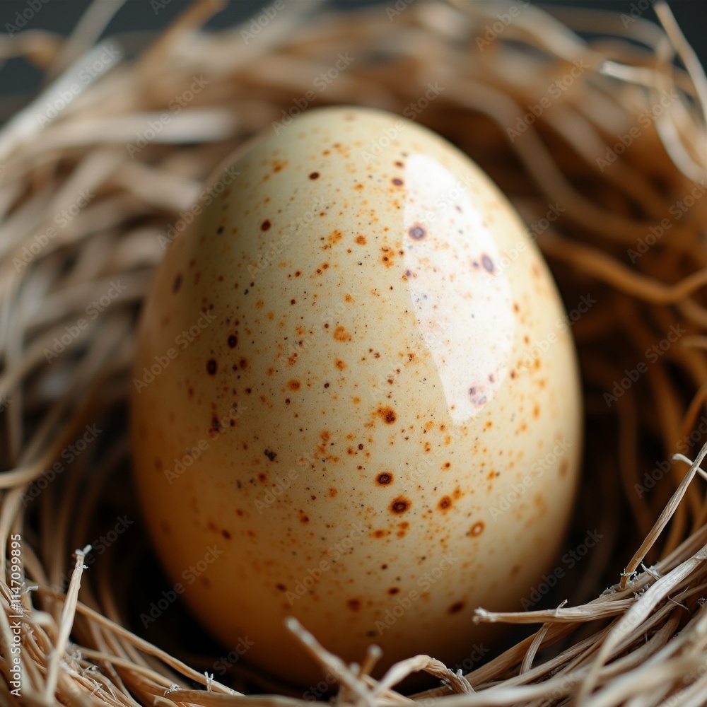 Poster the image is a close-up of a single egg in a nest. the egg is round and has a light brown color with