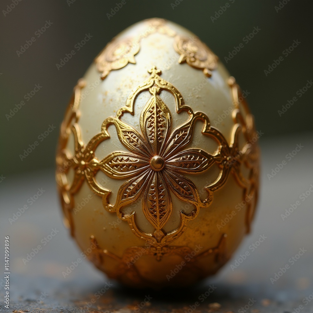 Poster the image is a close-up of an easter egg. the egg is round and has a golden color. it is decorated w