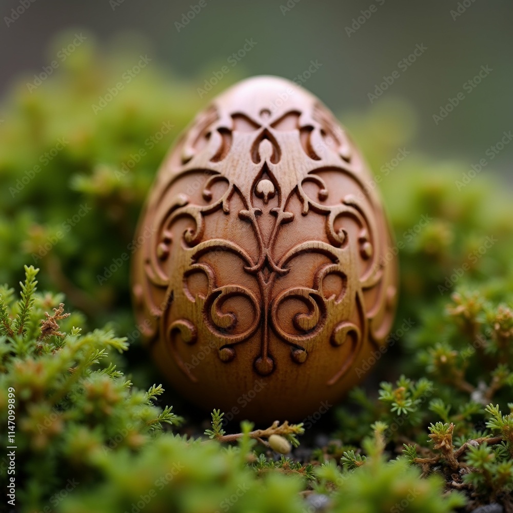 Poster the image is a close-up of an easter egg lying on a bed of green moss. the egg is round and has a sm