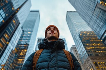 Fototapeta premium Young man gazing upward among skyscrapers in a bustling urban setting under a cloudy sky