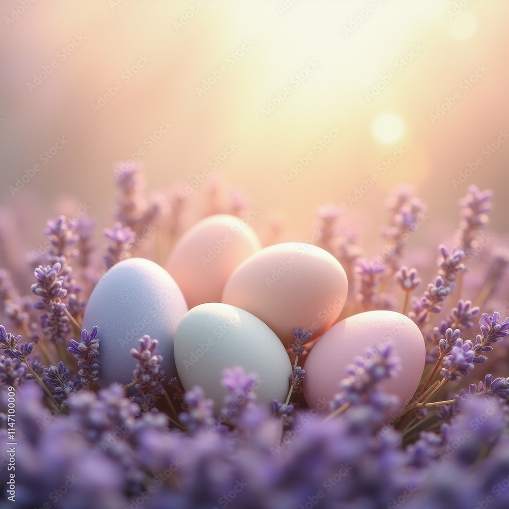Poster the image shows a group of four eggs in a field of lavender flowers. the eggs are arranged in a pyra