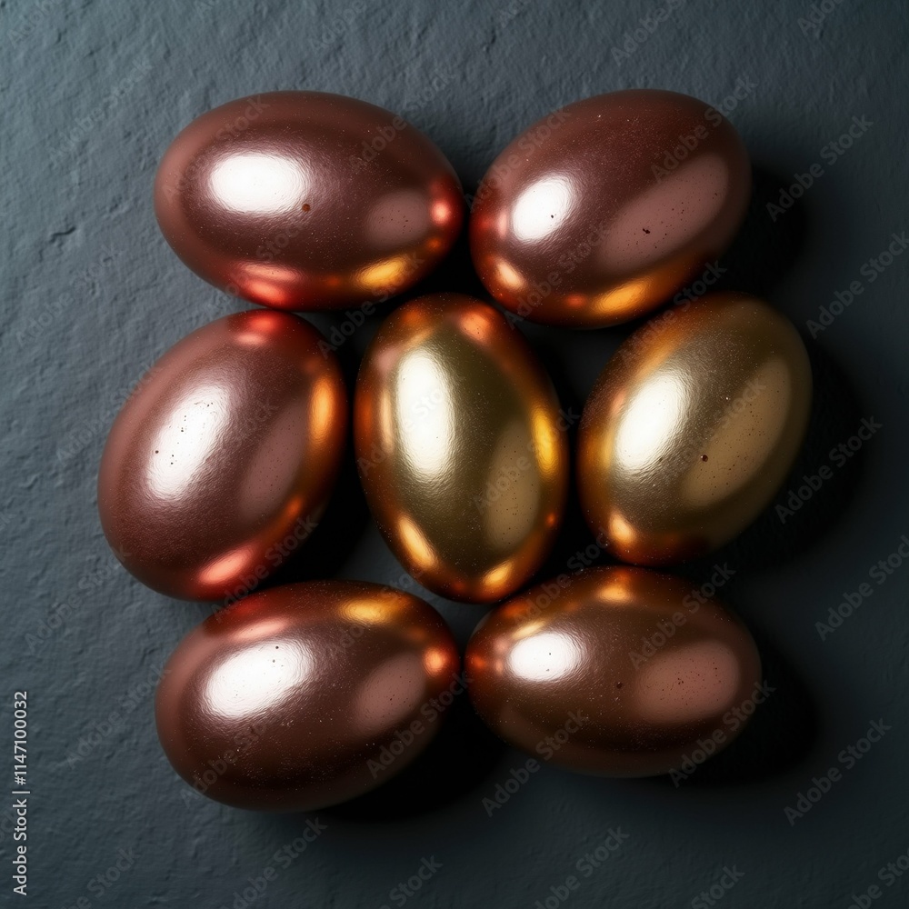 Poster the image shows a group of six chocolate eggs arranged in a circular pattern on a dark grey backgrou