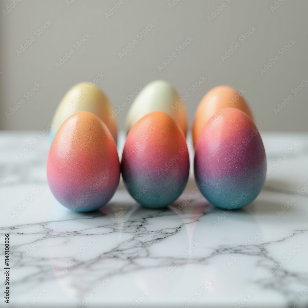 Poster the image shows a group of six eggs arranged in a row on a white marble surface. the eggs are of dif