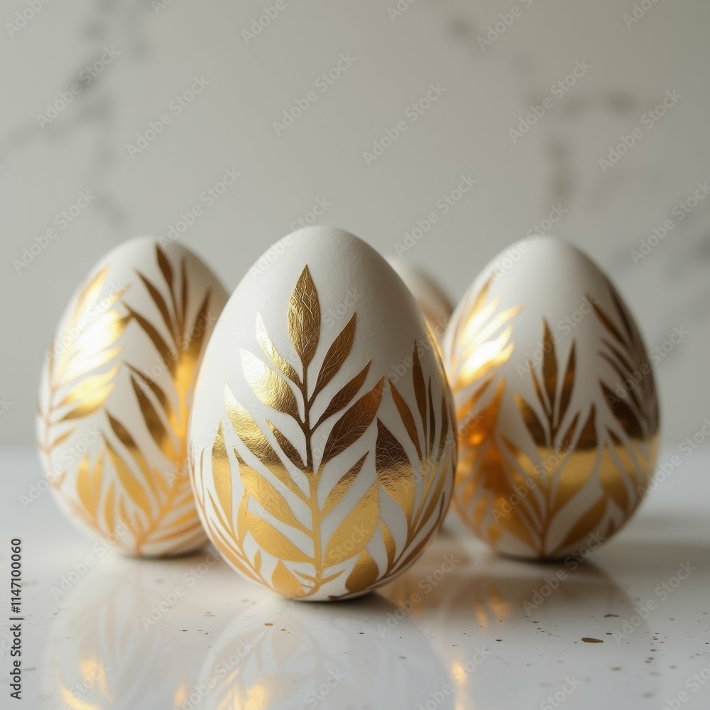 Poster the image shows three white eggs with gold leaf designs on them. the eggs are arranged in a row and 