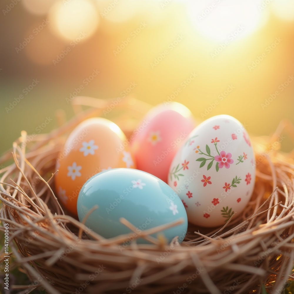 Poster the image shows three easter eggs in a nest. the nest is made of straw and is placed on a grassy sur
