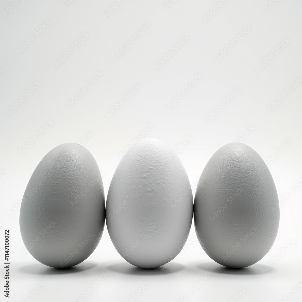 Poster the image shows three white eggs arranged in a row on a plain white background. the eggs are of diff