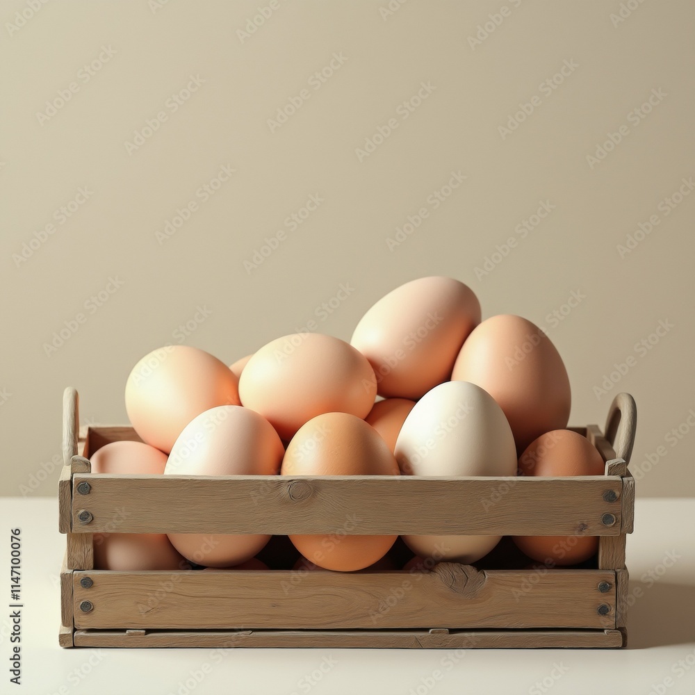 Poster the image shows a wooden crate filled with eggs. the crate is made of light-colored wood and has a h