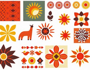 Vibrant Retro-Inspired Pattern with Flowers, Sun, and Llama