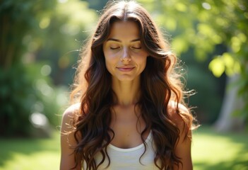 Naklejka premium Serene woman with long brown hair, eyes closed, enjoying peaceful moment in sunlit nature.