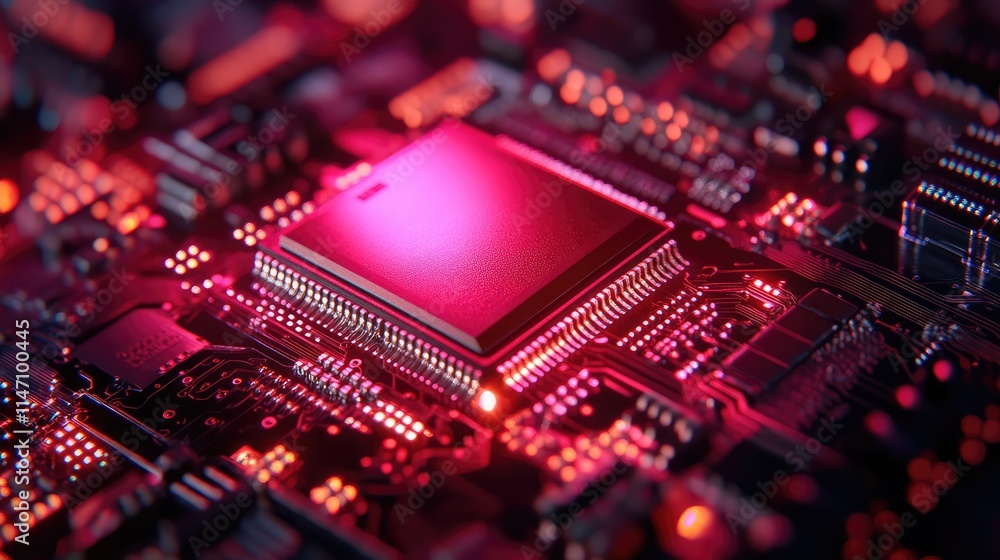 Poster high-quality raster image featuring a detailed microchip background