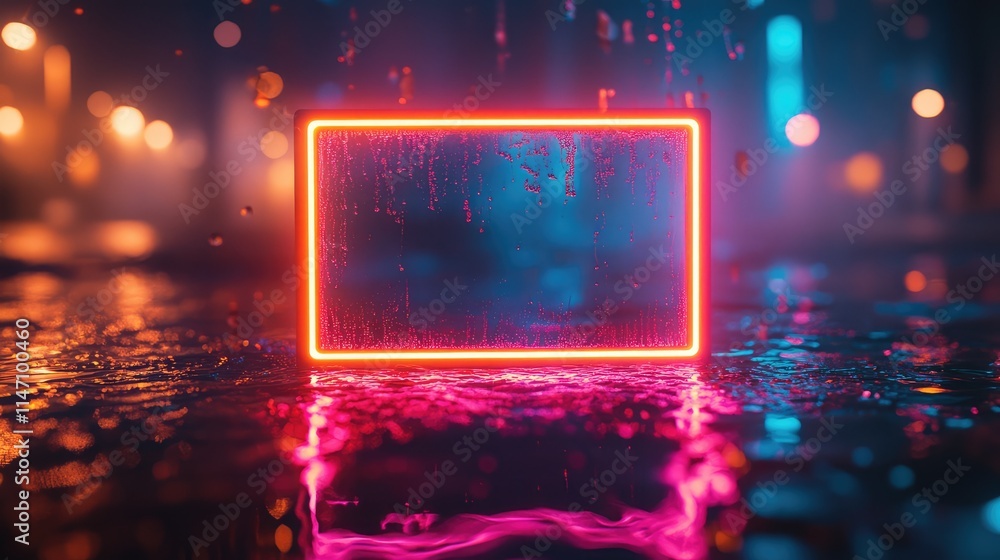 Poster neon empty frame on water background with copy space