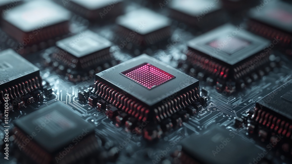 Poster high-quality raster image featuring a detailed microchip background