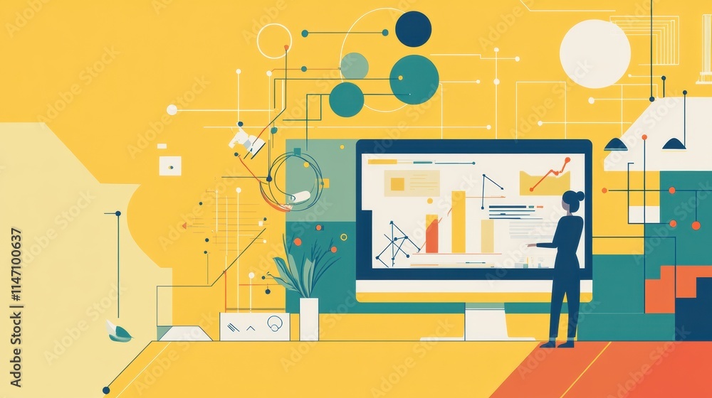 Aufkleber Collaboration between human and AI in a modern workspace with data analysis. Generative AI