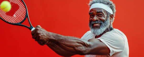Joyful middle-aged man playing tennis on a vibrant red background