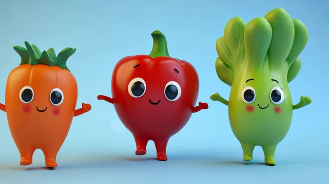 Colorful Cartoon Vegetable Icon Set with Funny Smiling Red Pepper Character for Kids